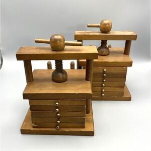 VTG  (2) 70's Wine Press Wood And Cork Coaster Set Cork Screw Vice MCM Table Top